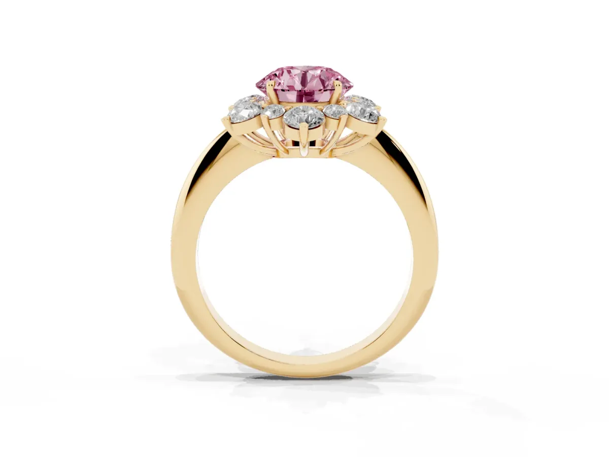 Fancy Pink Round Cut Diamond Cluster Halo Ring with Solitaire Band and Four-Prong Setting Yellow gold