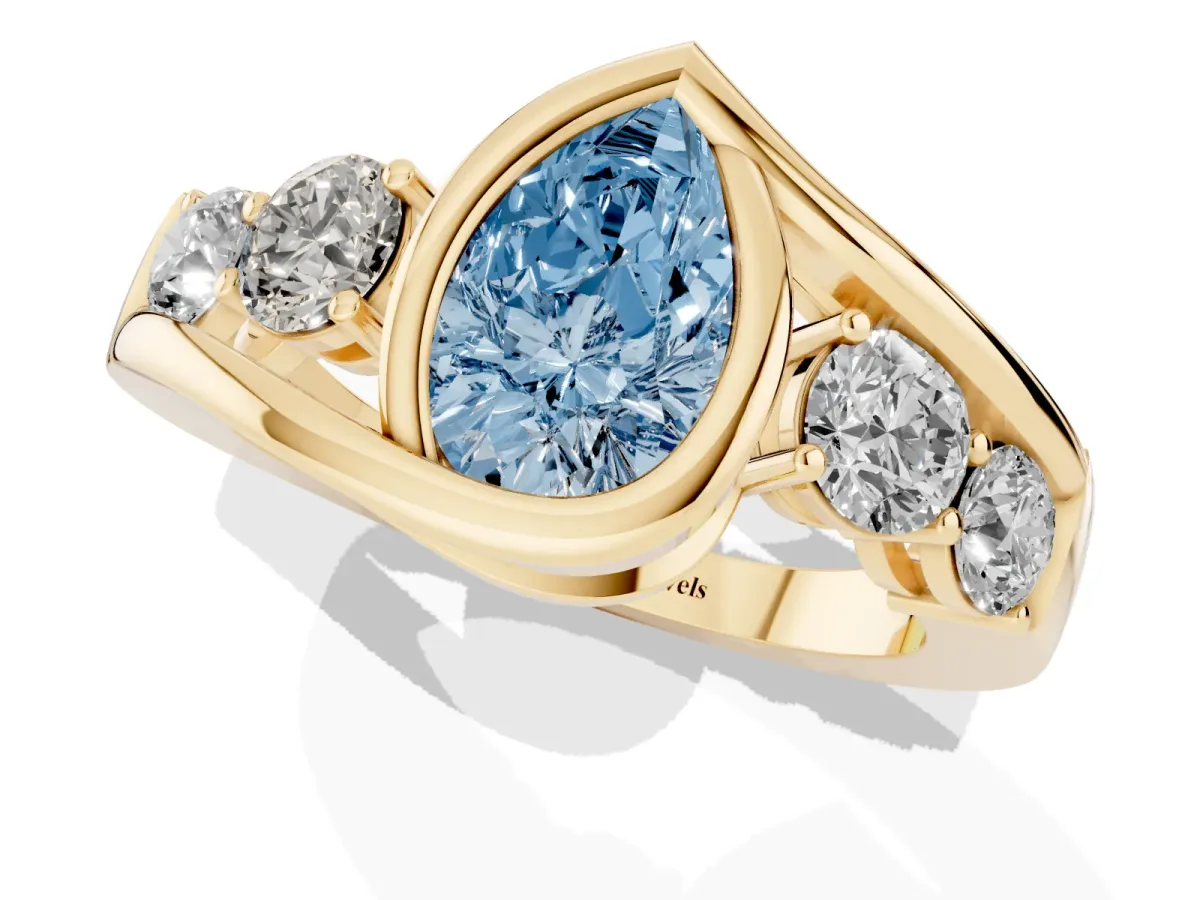 Fancy Blue Bezel Set Pear Cut Diamond Bypass Ring with Round Accents Yellow gold