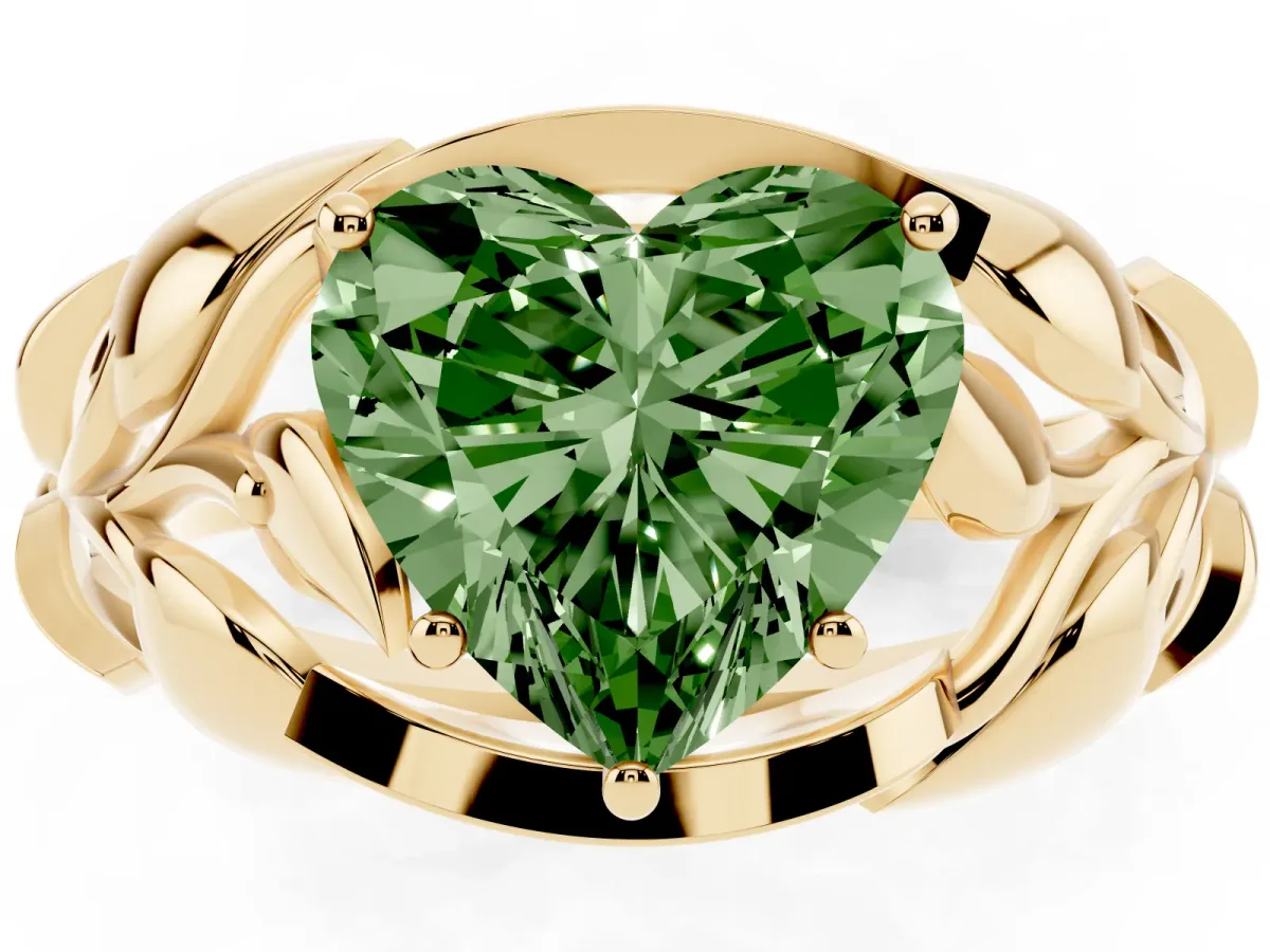 Fancy Green Heart Cut Diamond Leaf-Inspired Engagement Ring with Round Accents and Prong Setting Yellow gold