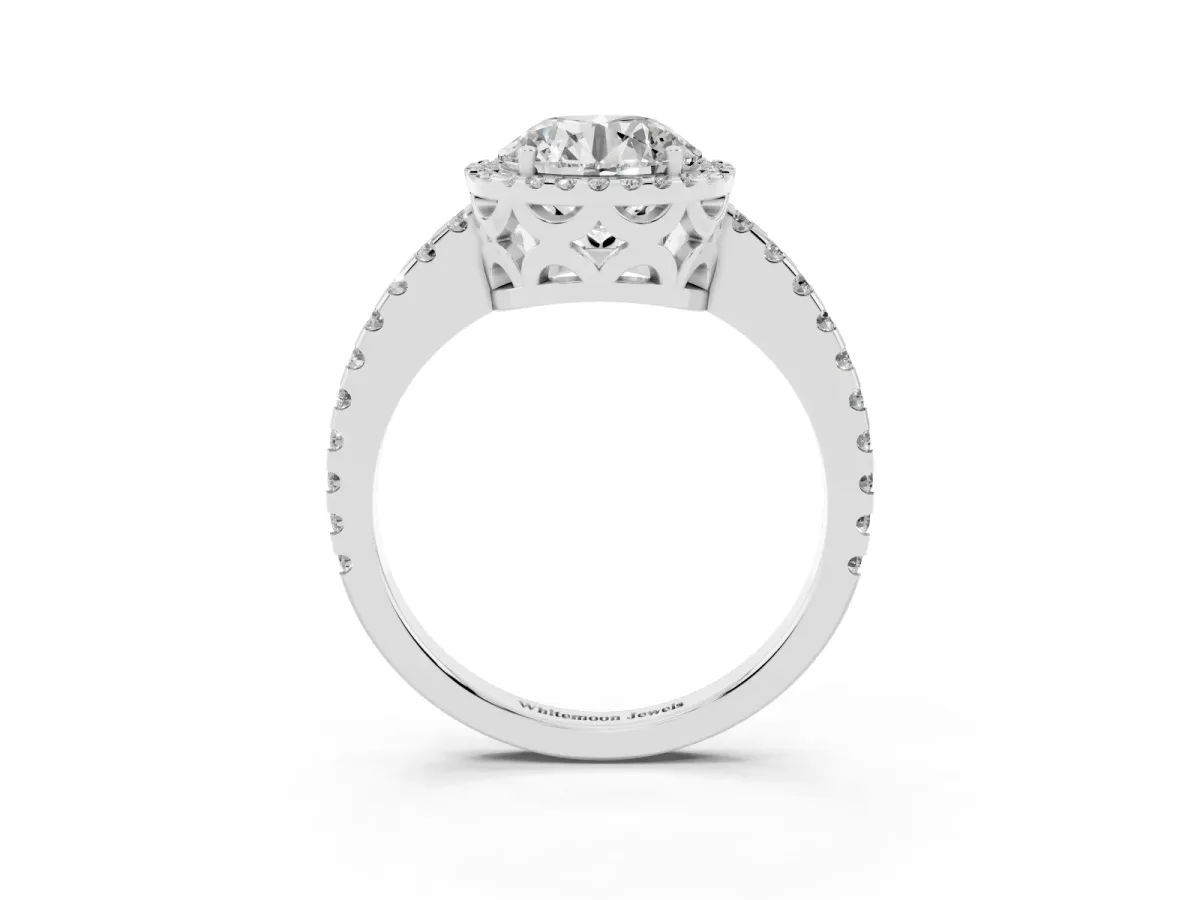 Round Cut Diamond Halo Engagement Ring with Pavé Band and Prong Setting Silver