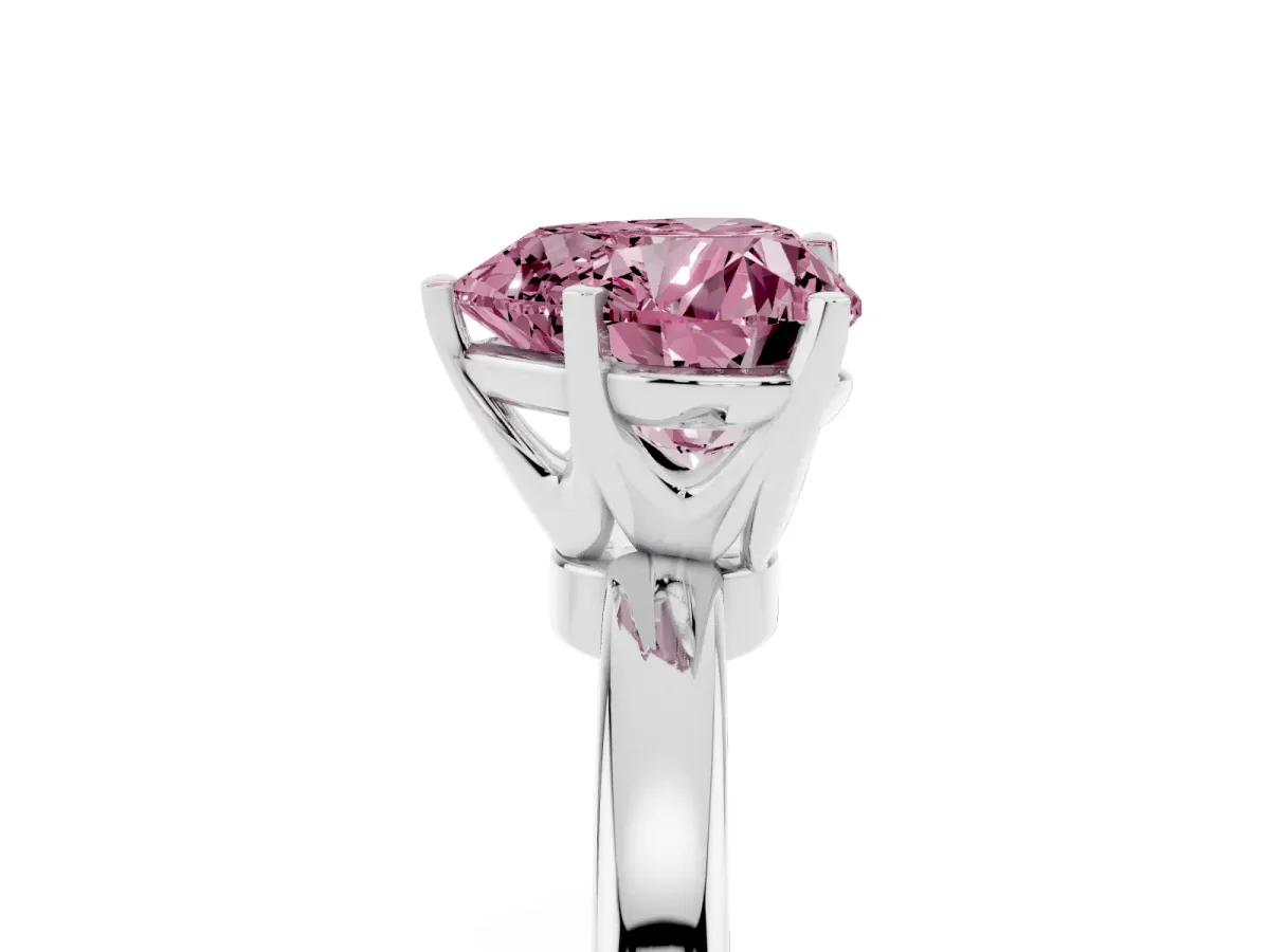 Fancy Pink Heart Cut Solitaire Diamond Ring with Six-Prong Setting on a Classic Band Silver