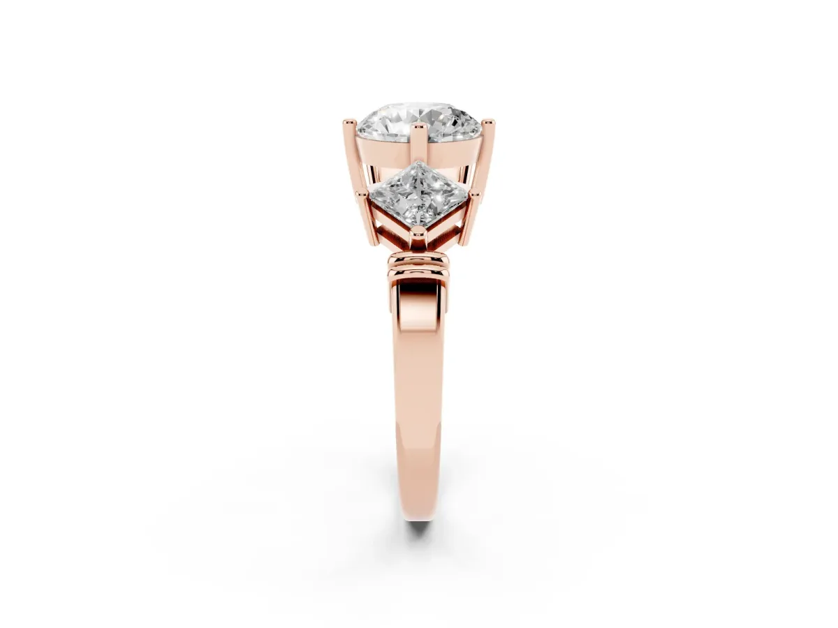 Three-Stone Round Cut and Princess Cut Diamond Ring with Channel Band and Four-Prong Setting Rose gold