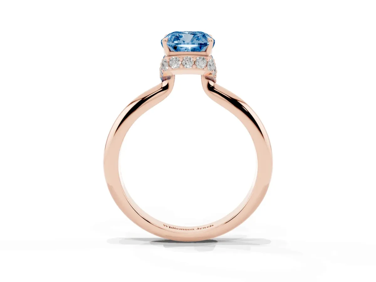 Fancy Blue Cushion Cut Brilliant Solitaire Engagement Ring with Six-Prong Setting and Classic Band Rose gold