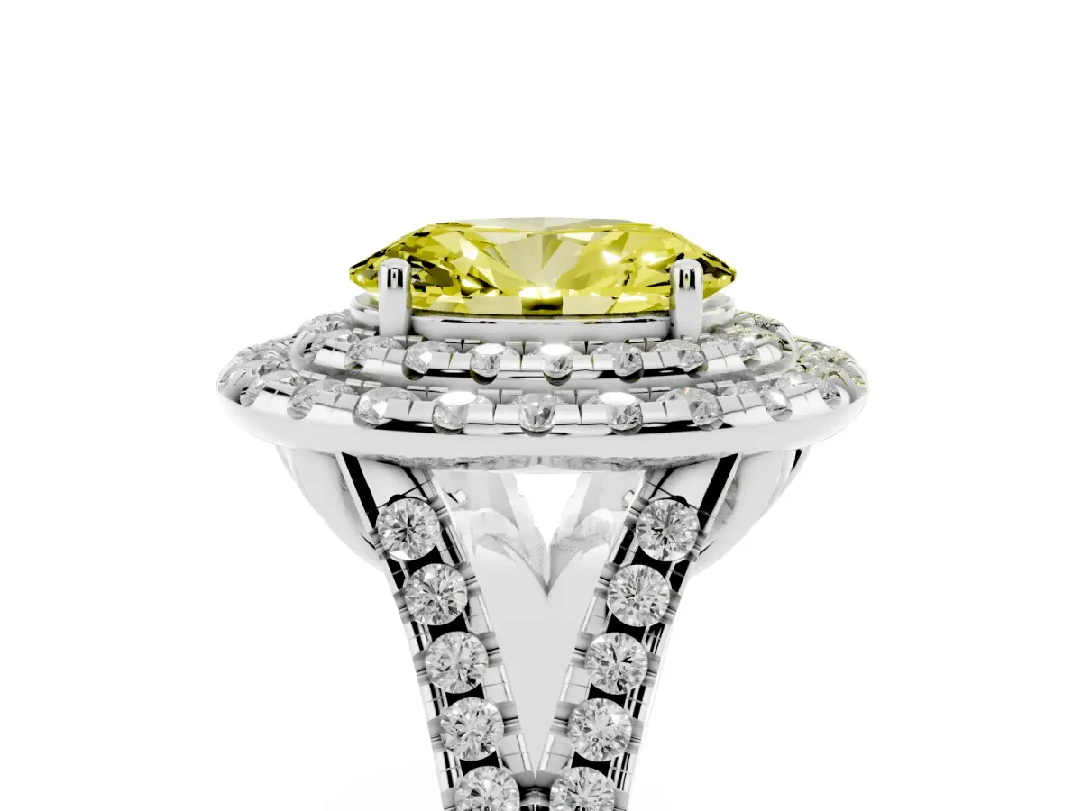 Fancy Yellow Double Halo Oval Cut Diamond Pavé Split Shank Ring with Prong Setting Platinum