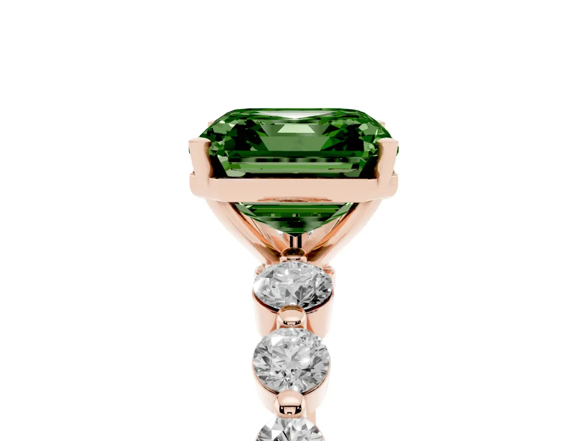 Fancy Green Asscher Cut Solitaire Diamond Ring with Pave Band and Four-Prong Setting Rose gold