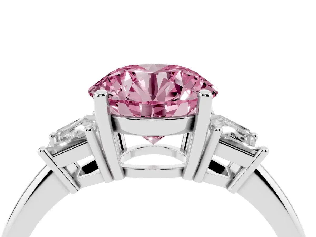 Fancy Pink Round Cut Diamond Three-Stone Ring with Trapezoid Side Stones and Prong Setting Platinum