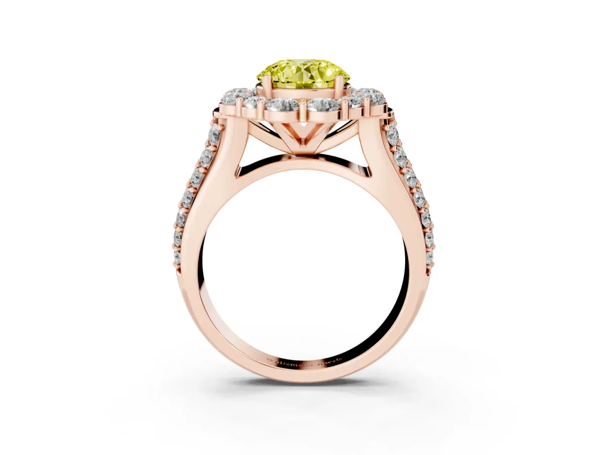 Fancy Yellow Round Cut Halo Diamond Engagement Ring with Split Shank and Prong Setting Rose gold
