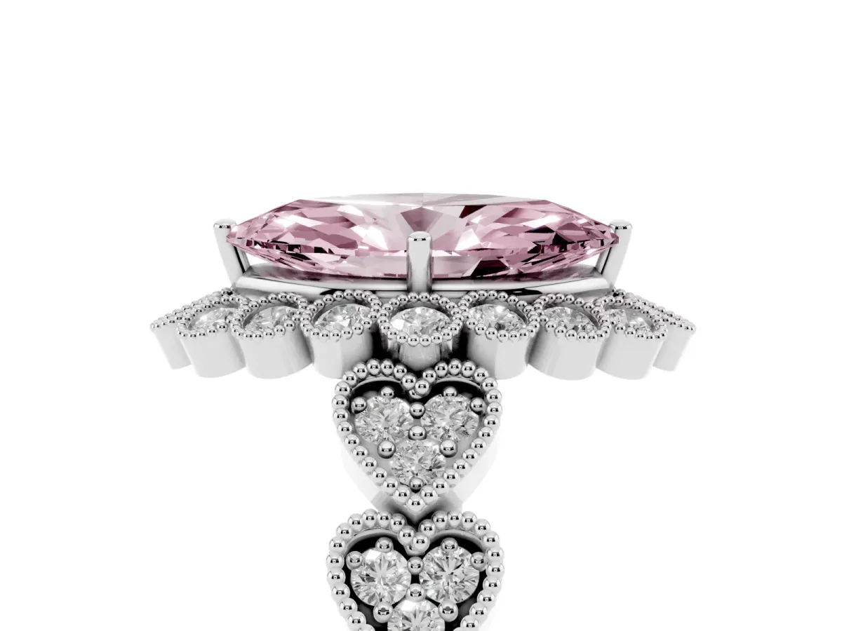 Fancy Pink Marquise Cut Brilliant Milgrain Pave Heart Band Solitaire Ring Silver