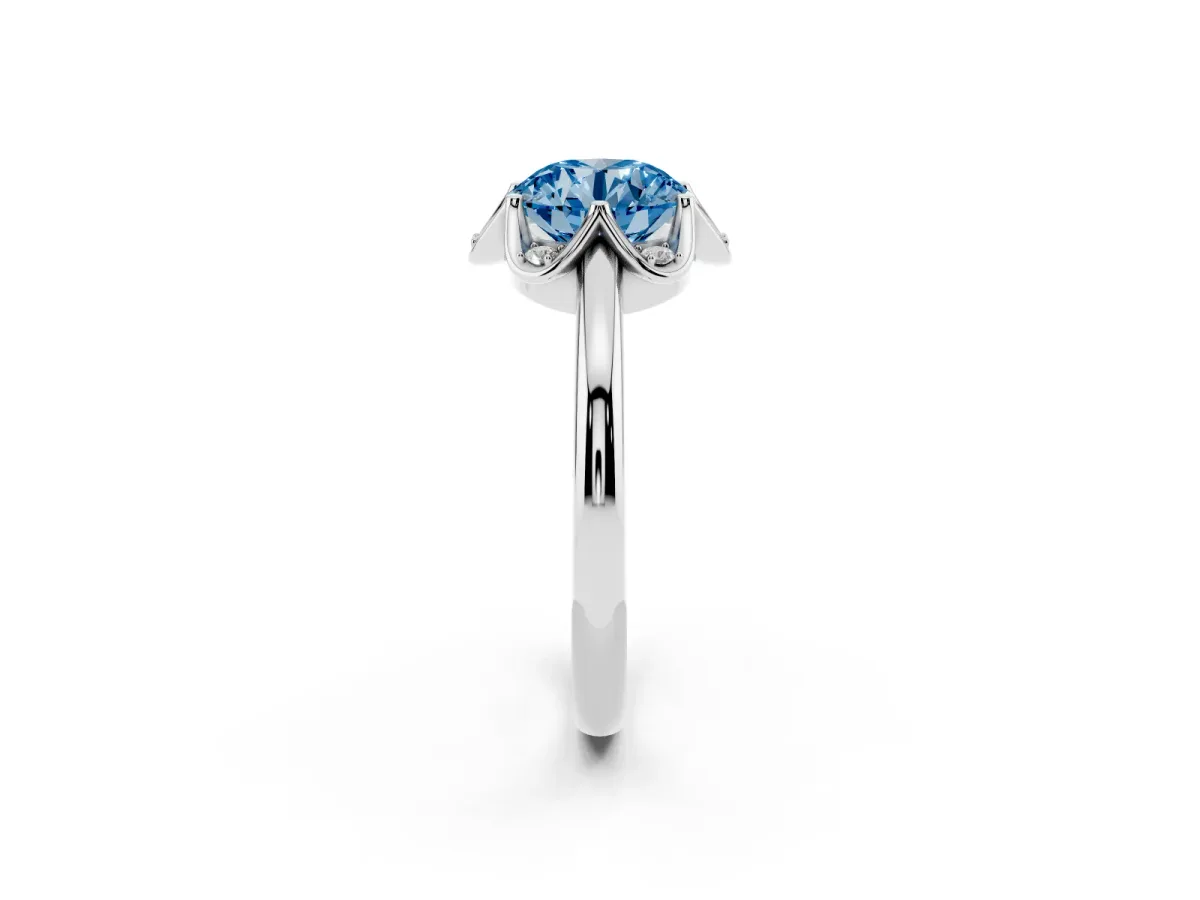 Fancy Blue Round Cut Halo Diamond Ring with Round Cluster Setting, Solitaire Band, and Four-Prong Setting Silver