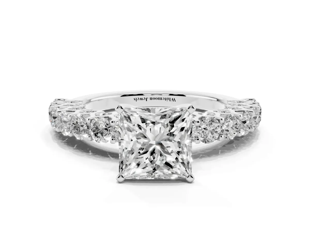 Princess Cut Diamond Solitaire Ring with Shared Prong Pavé Band and Four-Prong Setting Platinum
