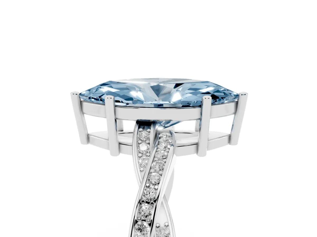 Fancy Blue Marquise Cut Solitaire Twisted Pave Diamond Ring with Four-Prong Setting Silver