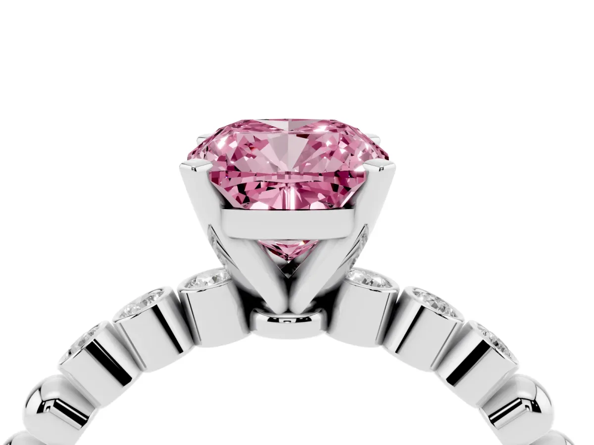 Fancy Pink Cushion Cut Solitaire Bezel Accent Diamond Engagement Ring with Beaded Band and Four-Prong Setting Platinum