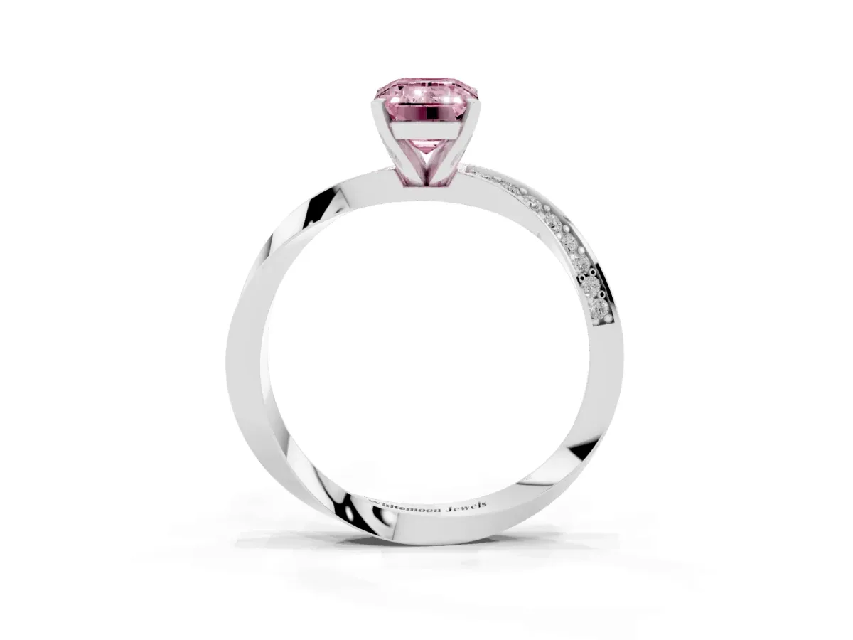Fancy Pink Emerald Cut Diamond Engagement Ring with Side Stone Accents and Four-Prong Setting Silver