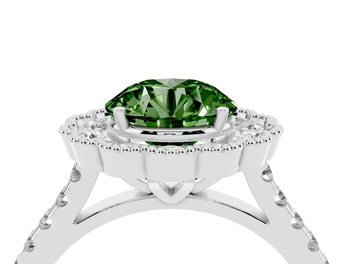 Fancy Green Round Cut Cut Diamond Milgrain Floral Halo Engagement Ring with Pavé Band White gold