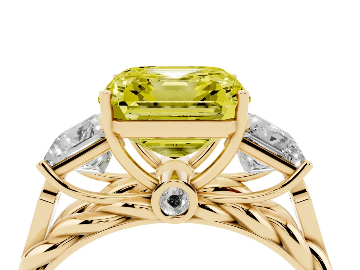 Fancy Yellow Three-Stone Asscher Cut Diamond Braided Band Ring with Four-Prong Setting Yellow gold