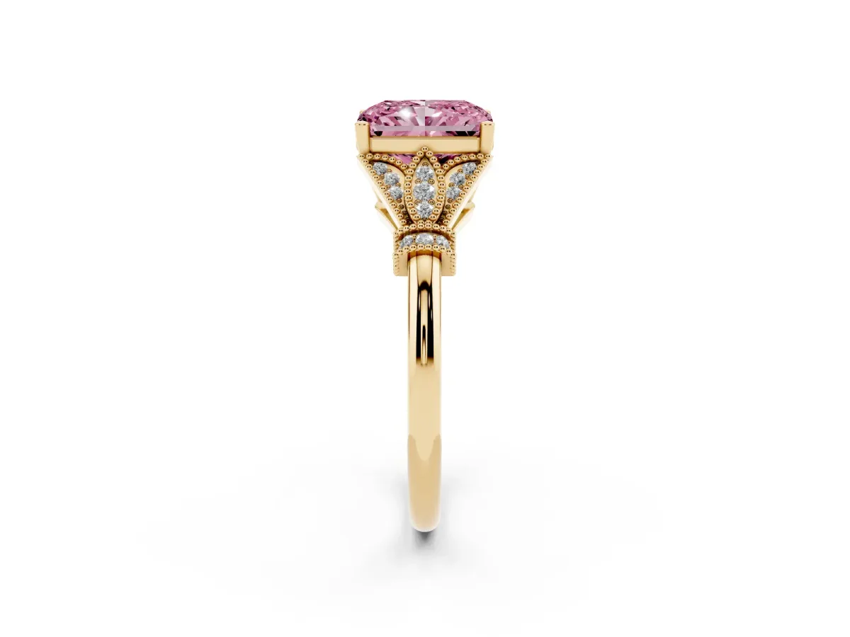 Fancy Pink Radiant Cut Diamond Solitaire Ring with Floral Filigree and Pave Accents Yellow gold
