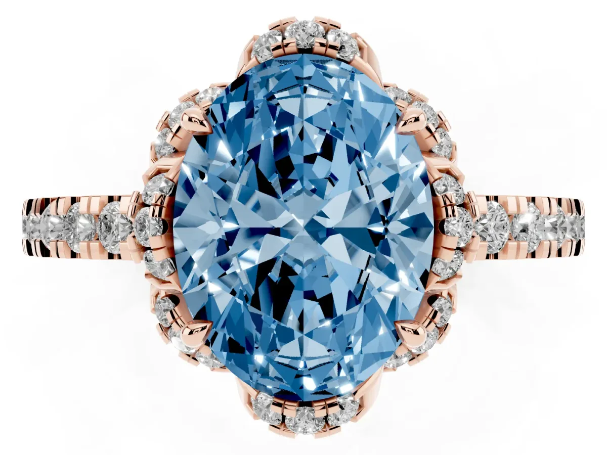 Fancy Blue Oval Cut Diamond Halo Pave Band with Four-Prong Setting Rose gold
