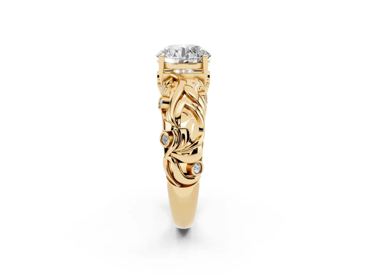 Round Cut Solitaire Diamond Leaf-Inspired Vine Band Ring with Prong Setting Yellow gold