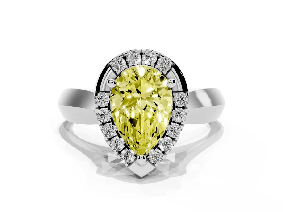 Fancy Yellow Pear Cut Cut Halo Solitaire Engagement Ring with Square Band and Four-Prong Setting White gold