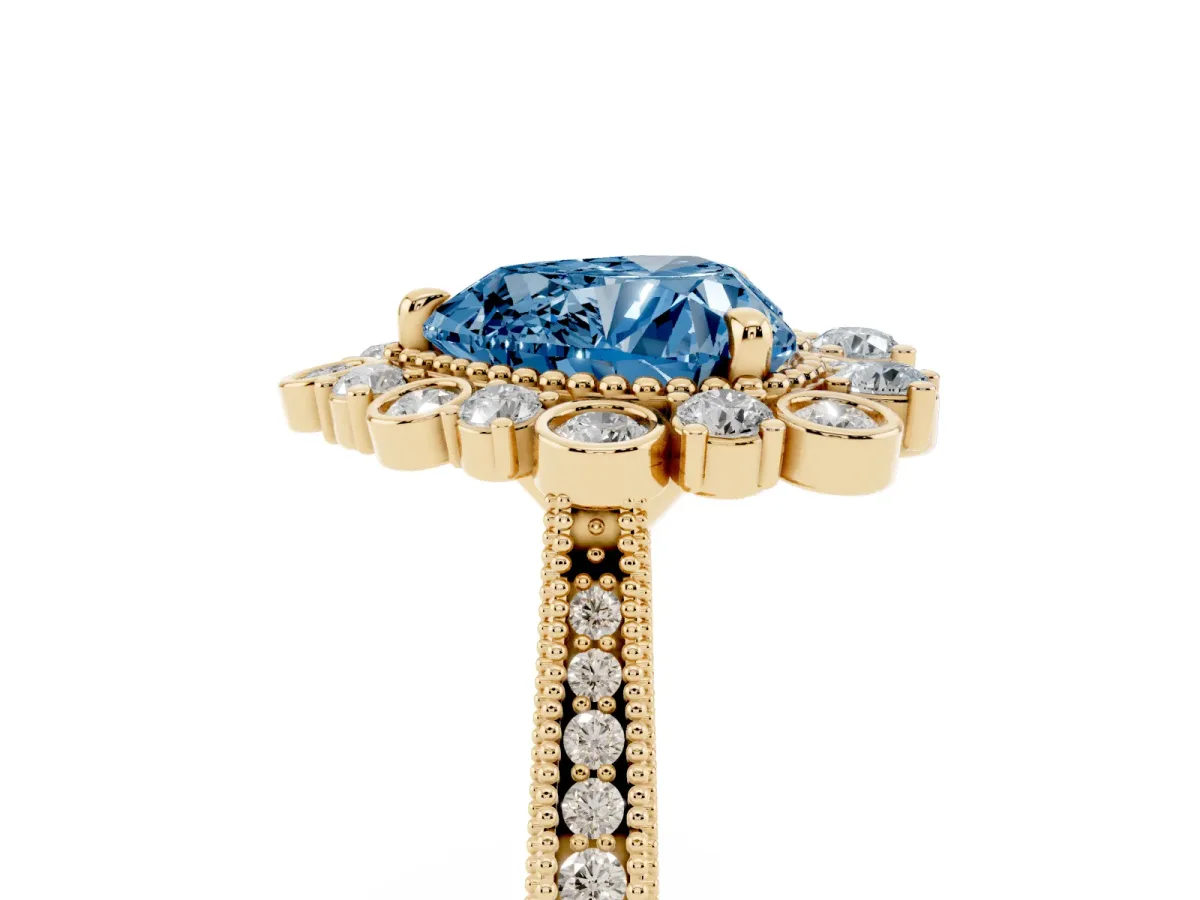 Fancy Blue Heart Cut Halo Milgrain Pave Diamond Ring with Four-Prong Setting Yellow gold