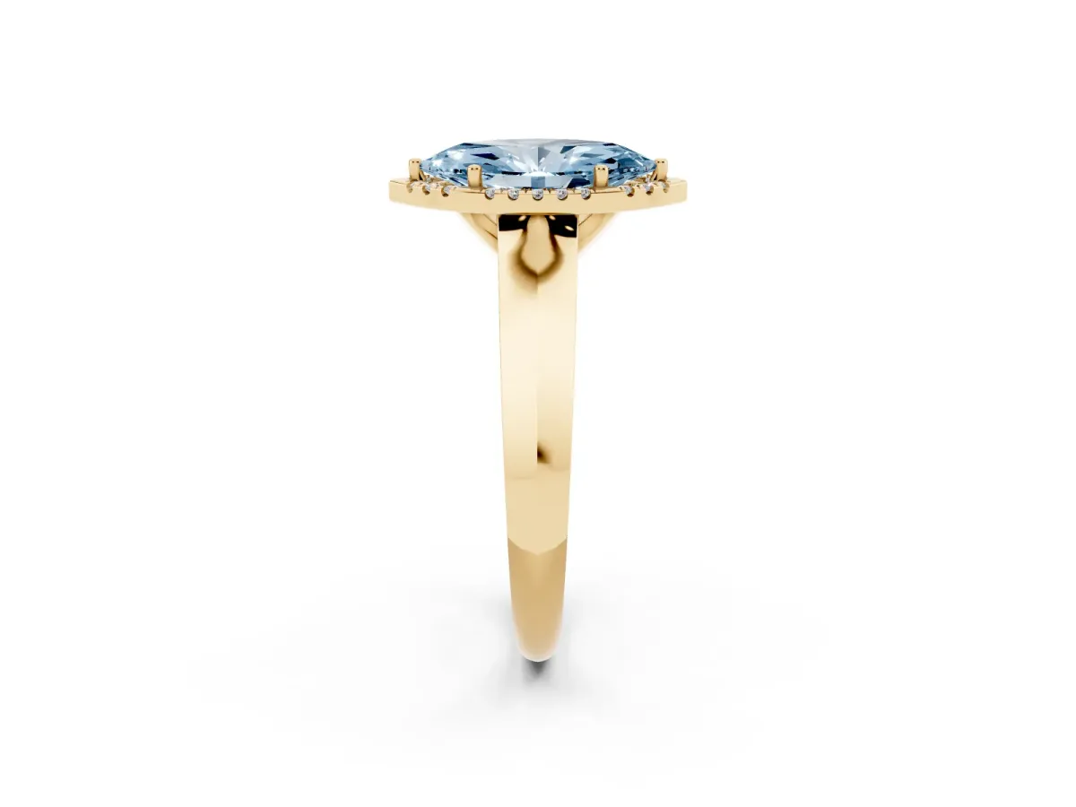 Fancy Blue Marquise Cut Halo Diamond Ring with Cathedral Band and Four-Prong Setting Yellow gold