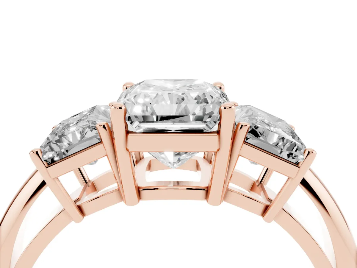 Three-Stone Radiant Cut Cut Diamond Engagement Ring with Prong Setting on a White Gold Band Rose gold