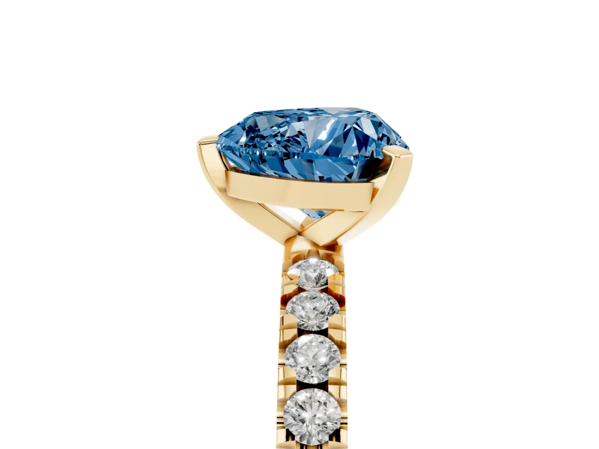 Fancy Blue Heart Cut Diamond Pavé Band Solitaire with Four-Prong Setting Yellow gold