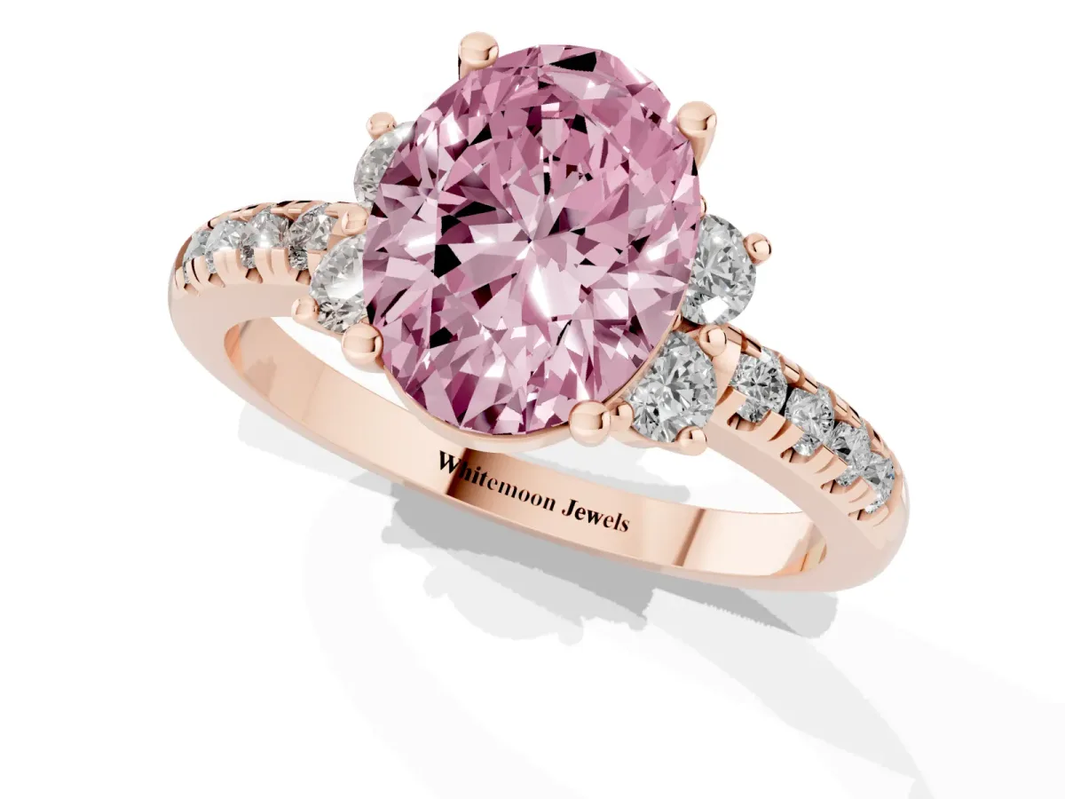 Fancy Pink Oval Cut Diamond Three-Stone Pave Band with Four-Prong Setting Rose gold