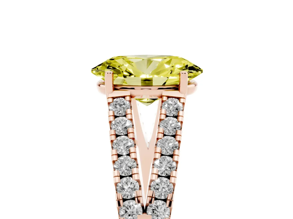 Fancy Yellow Oval Cut Diamond Split Shank Engagement Ring with Round Pavé and Prong Setting Rose gold