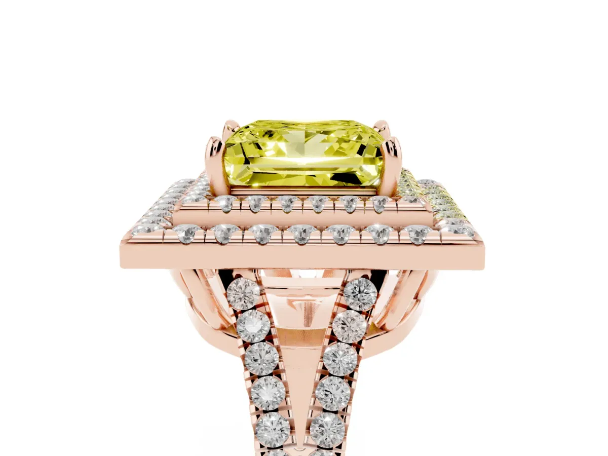 Fancy Yellow Princess Cut Diamond Double Halo Ring with Pavé Band and Prong Setting Rose gold