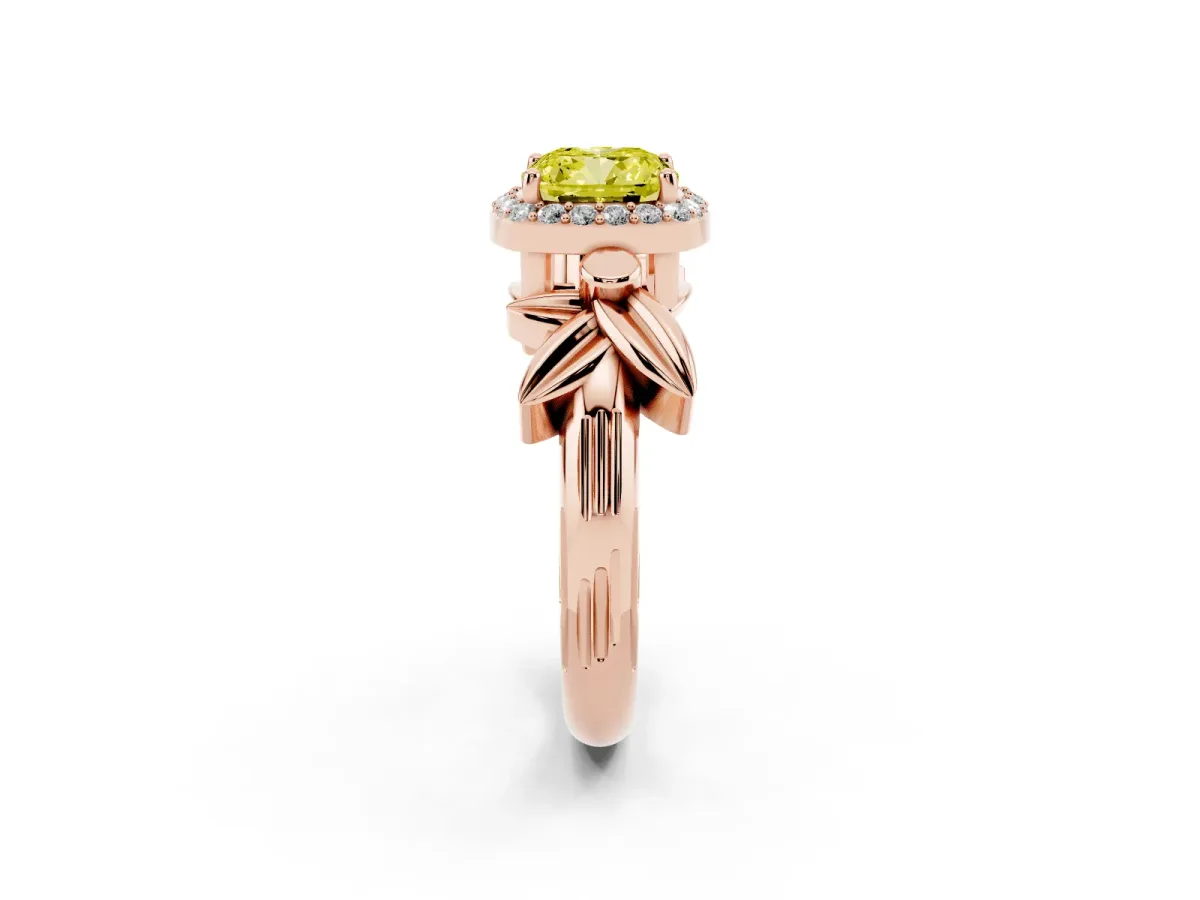 Fancy Yellow Cushion Cut Halo Diamond Floral Band with Four-Prong Setting Rose gold