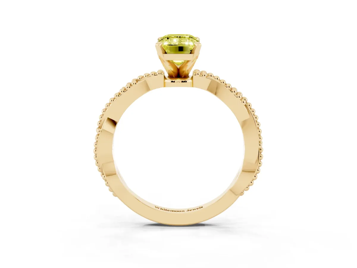 Fancy Yellow Emerald Cut Solitaire Twisted Band with Bead Prong Setting Yellow gold