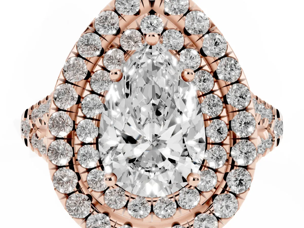 Double Halo Pear Cut Diamond Pavé Split Shank Ring with Prong Setting Rose gold