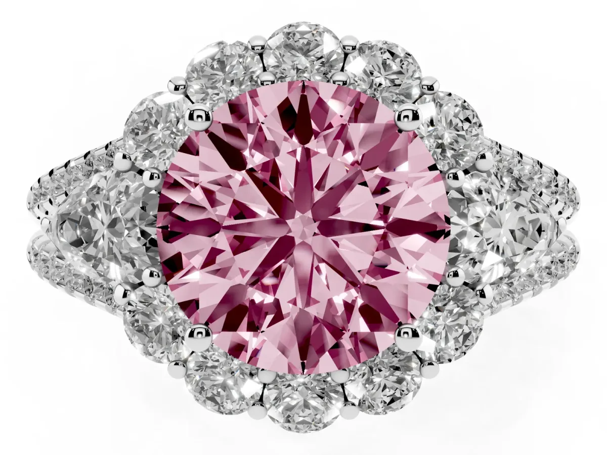 Fancy Pink Round Cut Halo Split Shank Diamond Engagement Ring with Prong Setting Platinum