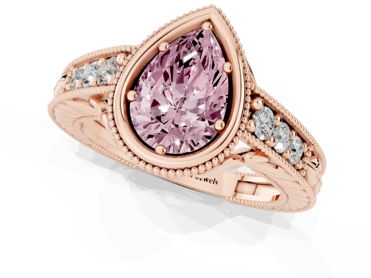 Fancy Pink Bezel Set Pear Cut Diamond Milgrain Pave Engagement Ring Rose gold
