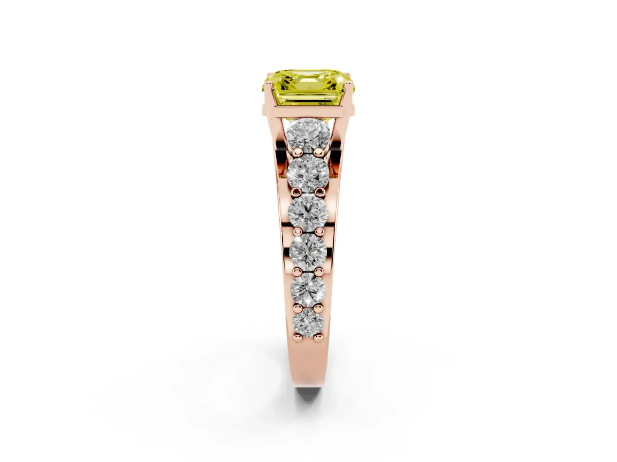 Fancy Yellow Asscher Cut Diamond Engagement Ring with Pavé Band and Four-Prong Setting Rose gold