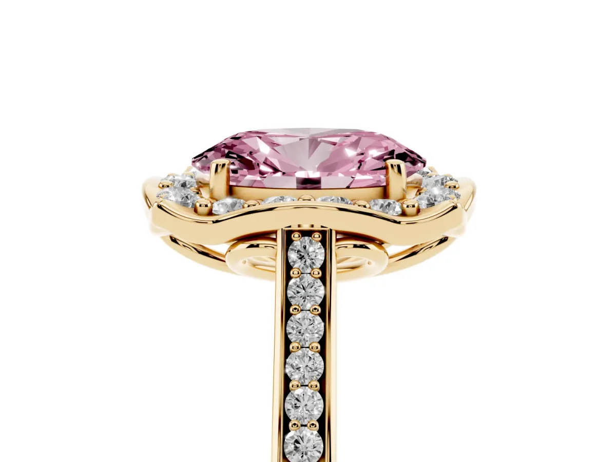 Fancy Pink Oval Cut Halo Round Diamond Pave Band with Four-Prong Setting Yellow gold