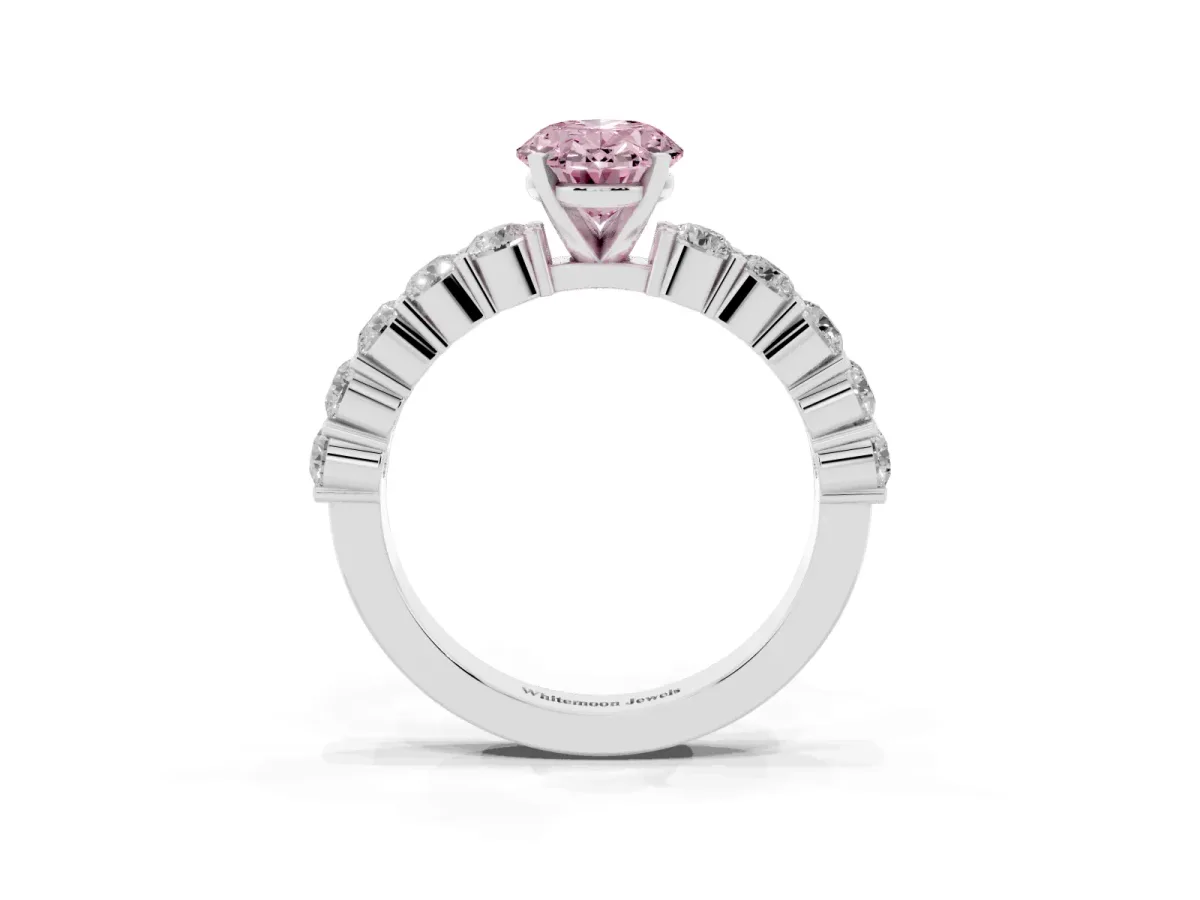 Fancy Pink Oval Cut Diamond Solitaire Ring with Shared Prong Round Side Stones Silver
