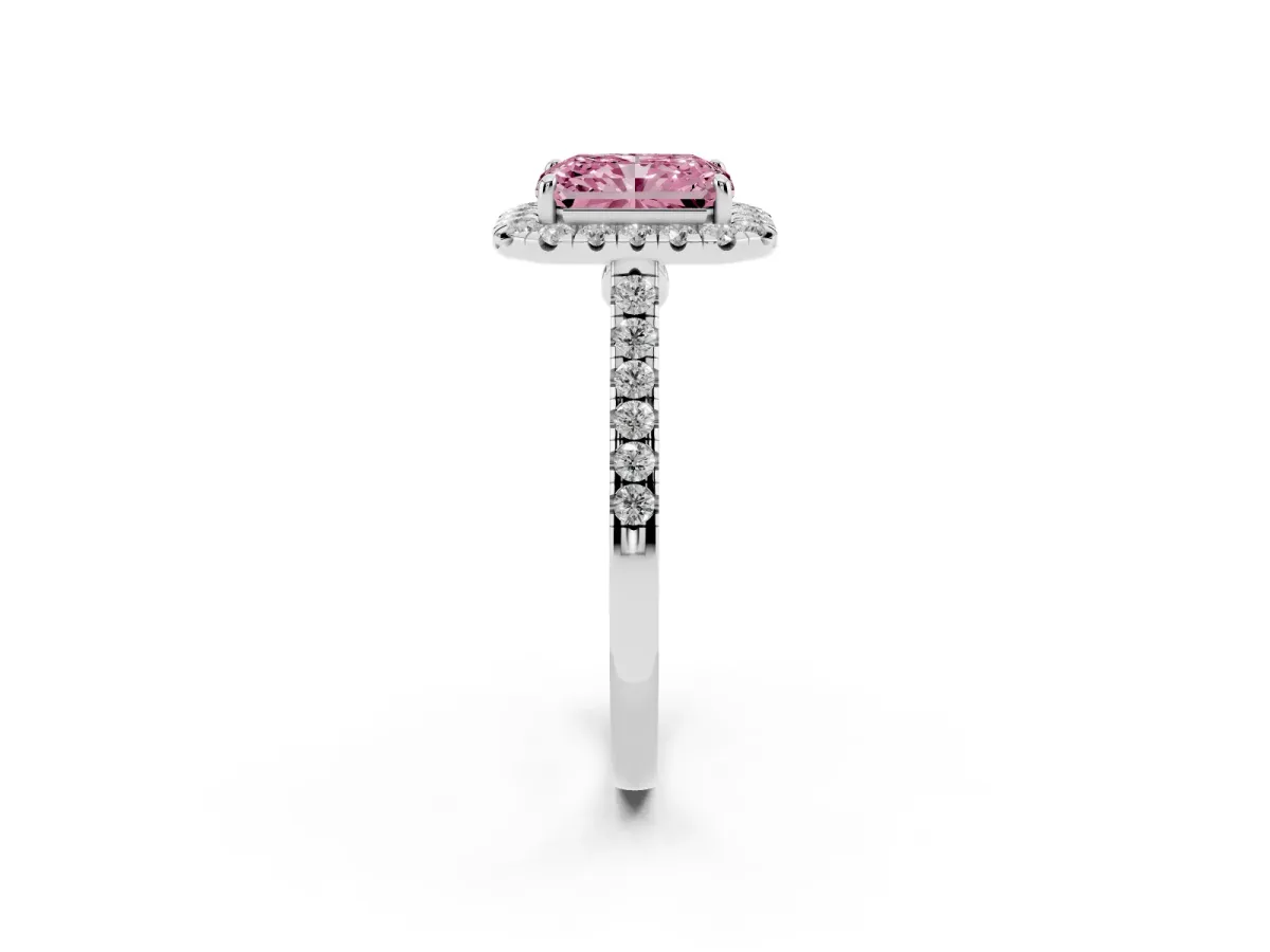 Fancy Pink Radiant Cut Halo Pave Diamond Engagement Ring with Four-Prong Setting Platinum
