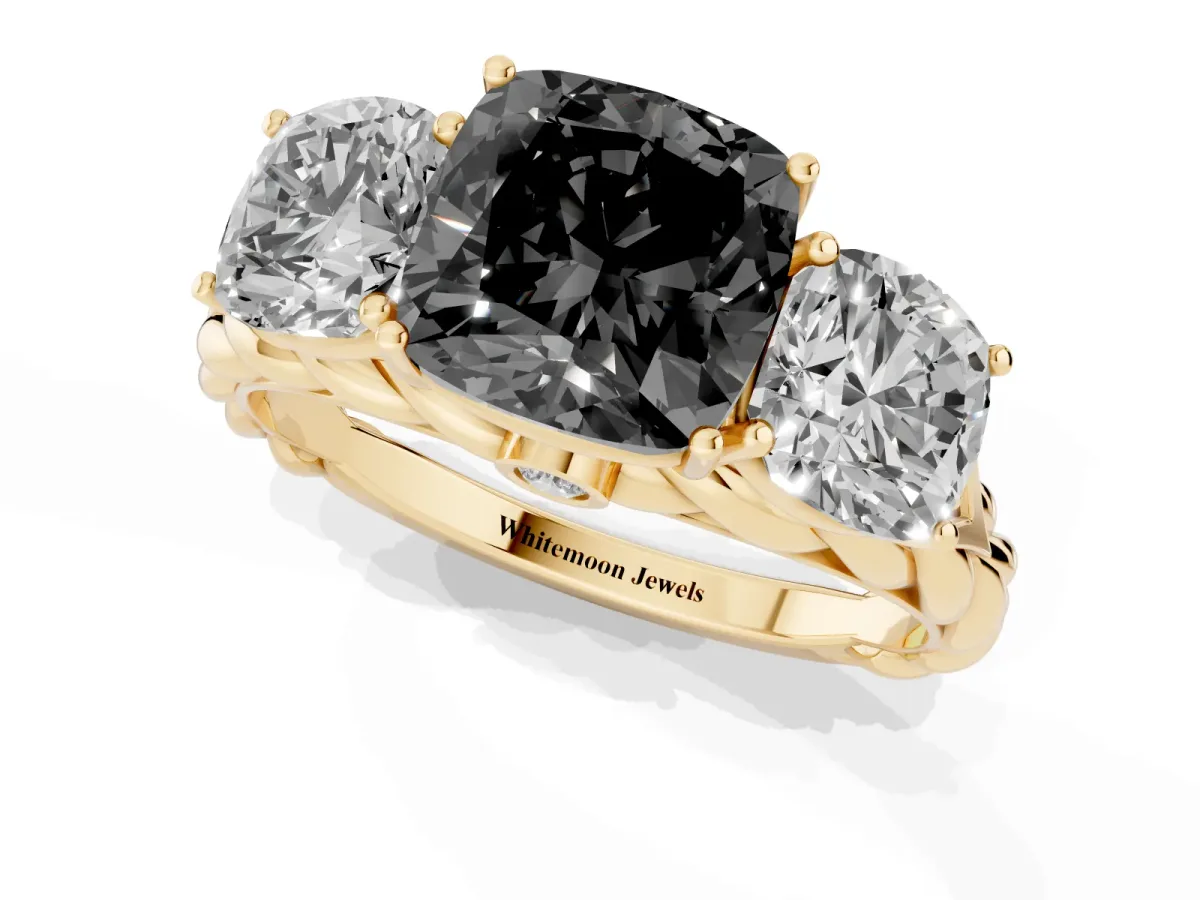 Fancy Black Three-Stone Cushion Cut Diamond Braided Band Ring with Four-Prong Setting Yellow gold