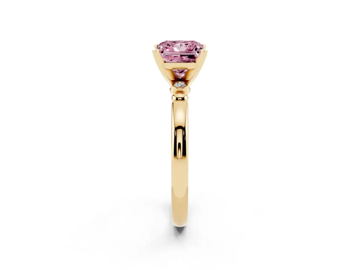 Fancy Pink Princess Cut Solitaire Beaded Band with Four-Prong Setting Yellow gold