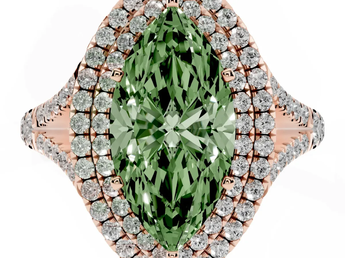 Fancy Green Marquise Cut Cut Double Halo Split Shank Diamond Ring with Prong Setting Rose gold