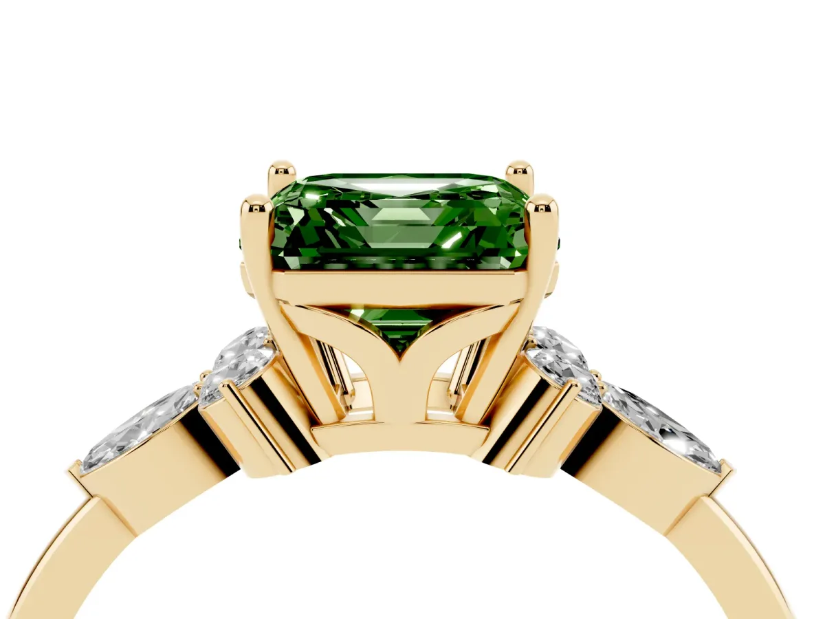 Fancy Green Asscher Cut Brilliant Diamond Solitaire Ring with Pear Side Stones and Four-Prong Setting Yellow gold
