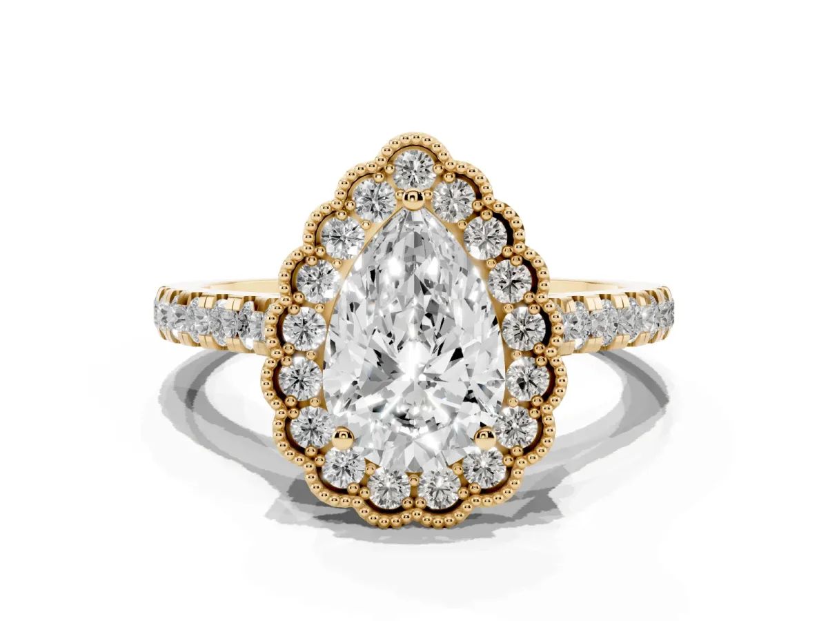 Pear Cut Cut Diamond Milgrain Floral Halo Engagement Ring with Pavé Band Yellow gold
