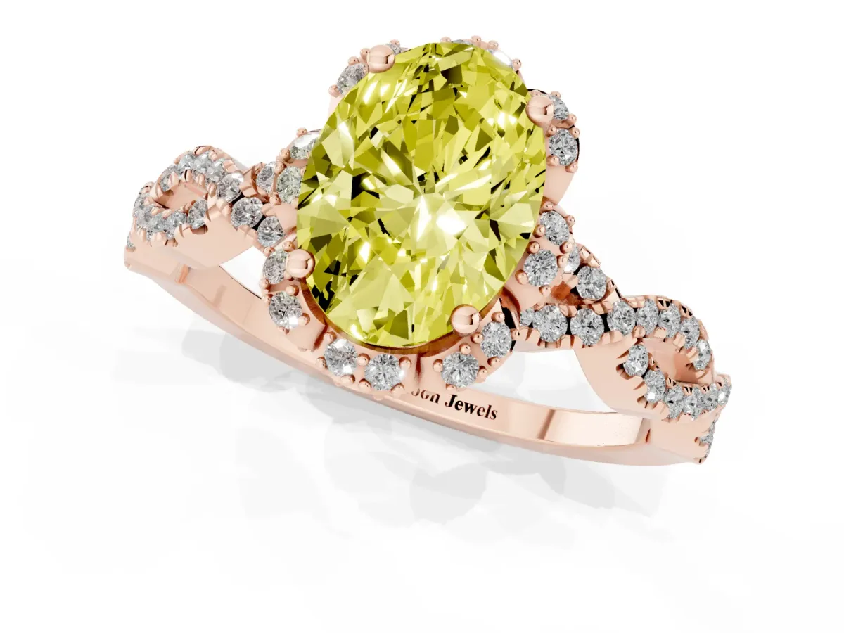 Fancy Yellow Oval Cut Halo Twist Band Solitaire Ring with Six-Prong Setting Rose gold