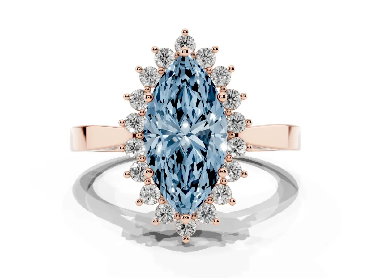 Fancy Blue Marquise Cut Cut Diamond Halo Ring with Round Brilliant Halo and Solitaire Band Rose gold
