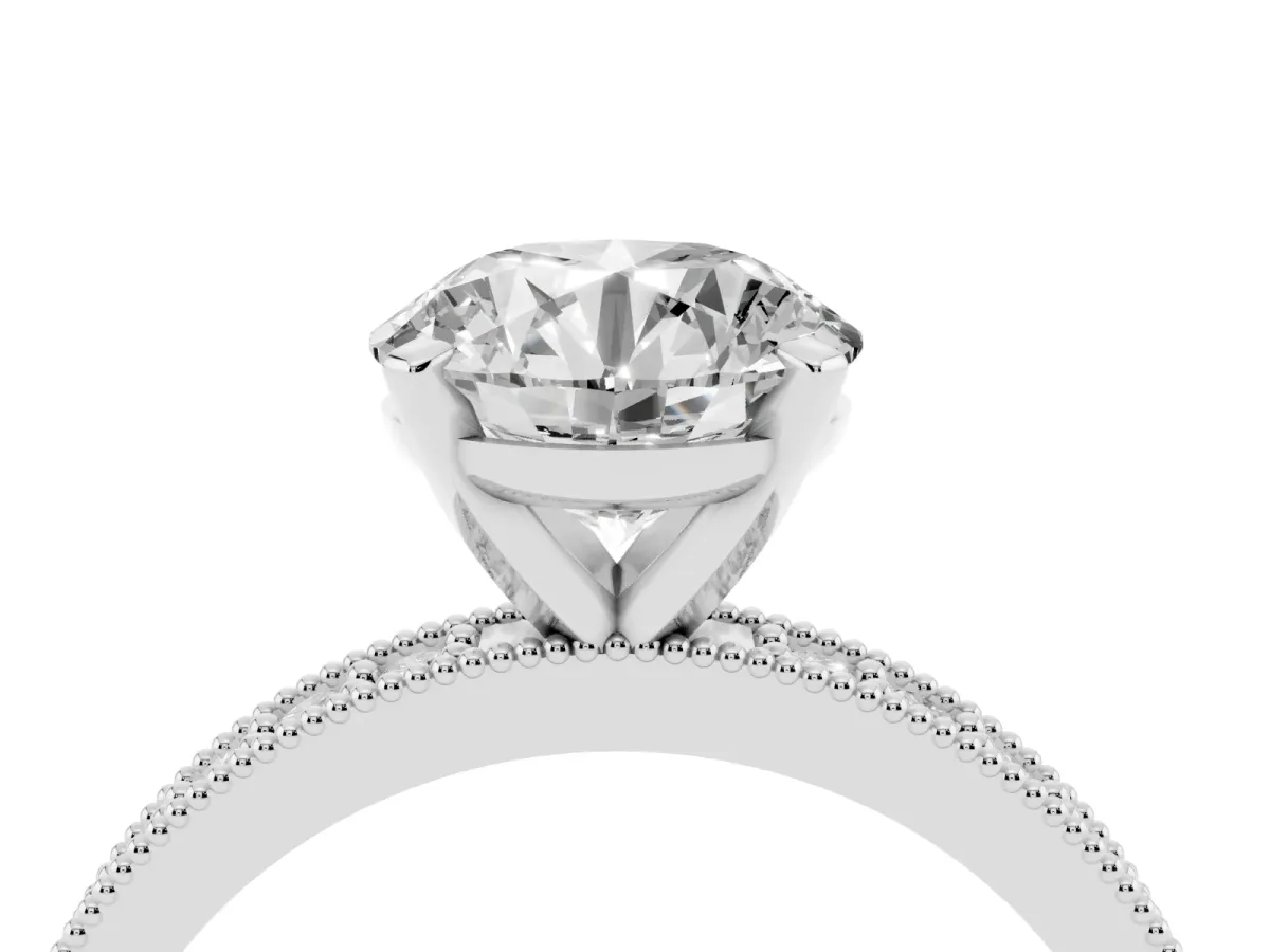 Round Cut Diamond Milgrain Pavé Engagement Ring with Four-Prong Setting Silver