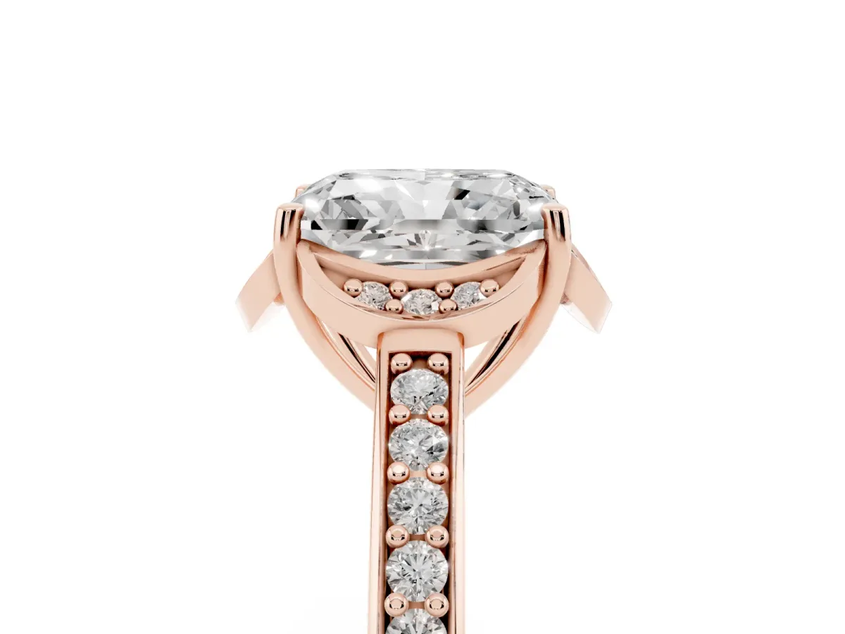 Radiant Cut Cut Halo Diamond Ring with Channel Set Band and Four-Prong Setting Rose gold