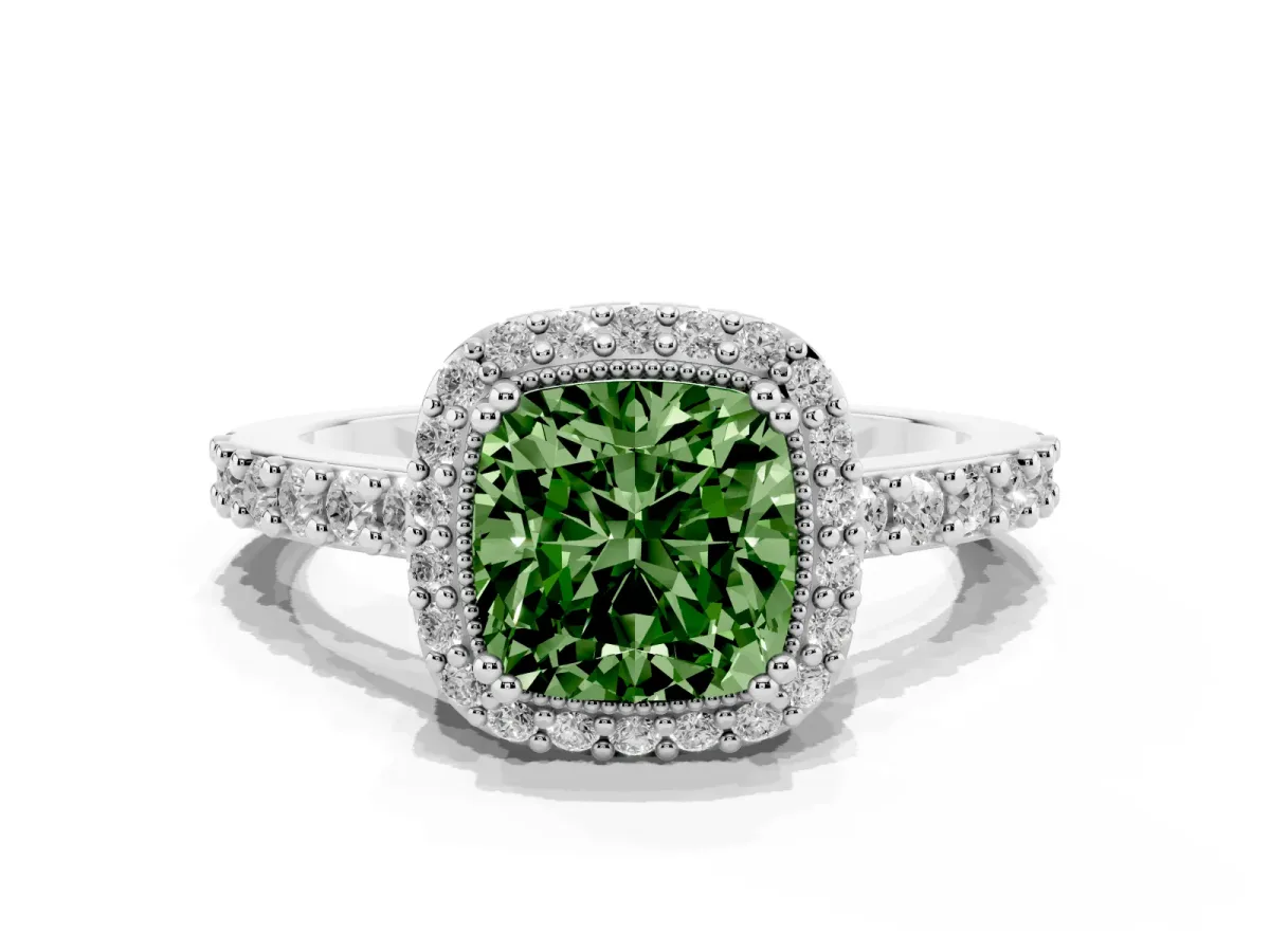 Fancy Green Cushion Cut Cut Diamond Halo Engagement Ring with Milgrain Detail and Pavé Band Platinum