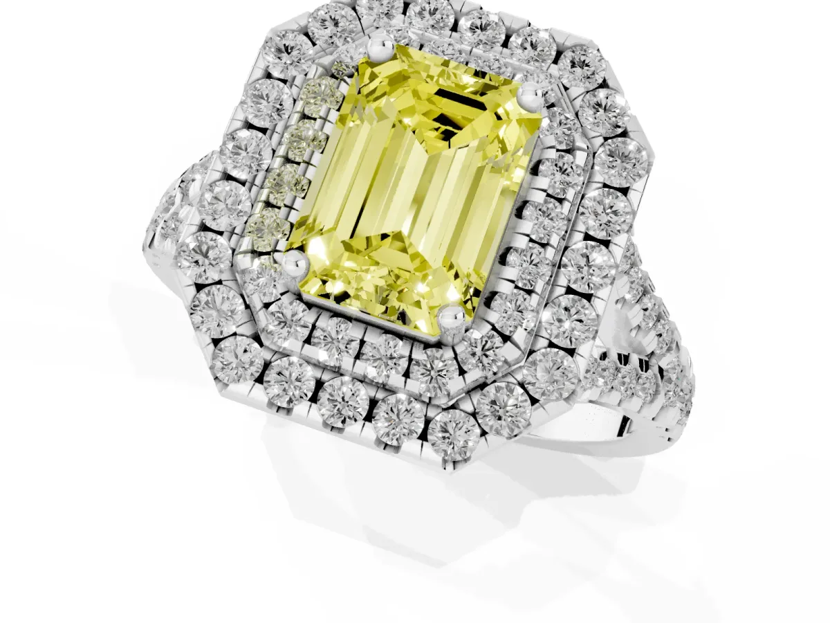 Fancy Yellow Double Halo Emerald Cut Diamond Pavé Split Shank Ring with Prong Setting White gold